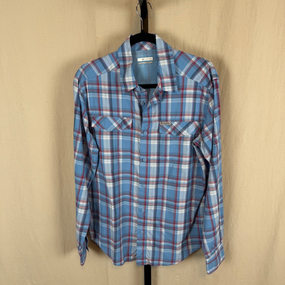 Columbia Men's Red, White and Blue Plaid Long Sleeve Omnishade Shirt Size S